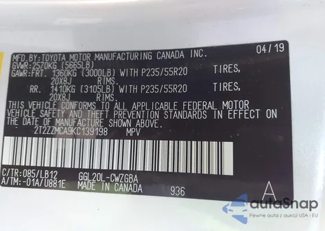 2019 Lexus Rx 350 from USA, damaged, VIN 2T2ZZMCA9KC139198